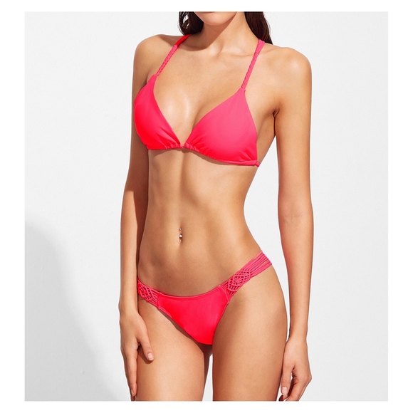 Neon Red Pink Macrame Triangle Bikini Set - Picture 4 of 7